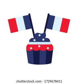 bastille day concept, cupcake with decorative france flags icon over white background, flat style, vector illustration