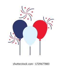 bastille day concept, decorative balloon and fireworks with france flag design over white background, flat style, vector illustration