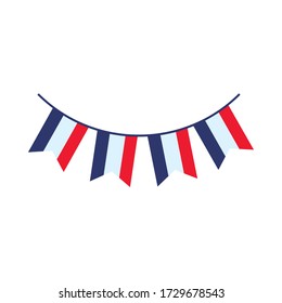 bastille day concept, decorative pennants with french flag colors design over white background, flat style, vector illustration