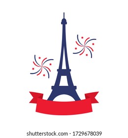 bastille day concept, eiffel tower with decorative ribbon and fireworks icon over white background, flat style, vector illustration