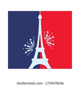 bastille day concept, flag with eiffel tower and fireworks with france flag design over white background, flat style, vector illustration
