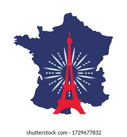 bastille day concept, france map with eiffel tower with fireworks over white background, flat style, vector illustration