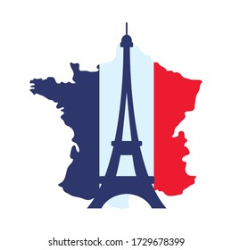 bastille day concept, france map with eiffel tower icon over white background, flat style, vector illustration