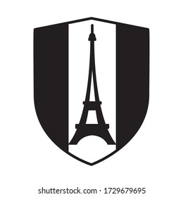 bastille day concept, france shield with french flag and eiffel tower icon over white background, line style, vector illustration