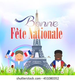 Bastille Day Concept French Kids Illustration. Text "Happy National Day" at English