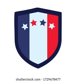 bastille day concept, french shield with france flag and decorative stars over white background, flat style, vector illustration