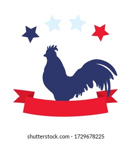 bastille day concept, gallic rooster with decorative ribbon and stars over white background, flat style, vector illustration