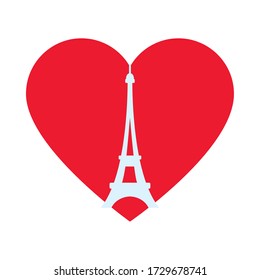 bastille day concept, heart with eiffel tower icon over white background, flat style, vector illustration