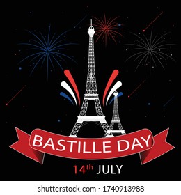 Bastille day design background with fire works in dark colour background