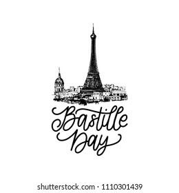 Bastille Day design. Drawn illustration of Eiffel Tower. French National Day background. 14th July concept for greeting card, festive poster etc.