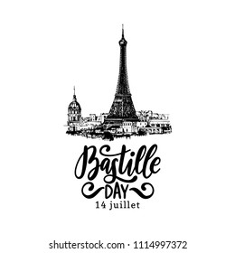 Bastille Day design. Drawn illustration of Eiffel Tower. French National Day background. 14th July concept for greeting card, festive poster etc.