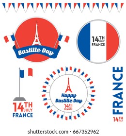 Bastille Day design elements and badges set. Creative french day elements vector illustration. 14th July france 