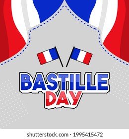 bastille day design, french independence day greeting with added 2 blue and white red flags that say elegant style bastille day