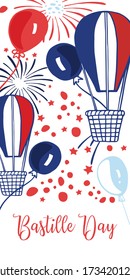 Bastille Day design template and air ballons   decorations  Hand drawn vector sketch illustration