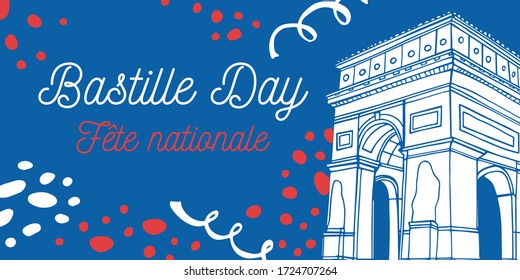 Bastille Day design template and Arc de Triomphe  Title in French National celebration  Hand drawn vector sketch illustration