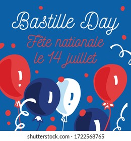 Bastille Day design template and balloons   decorations  Title in French National celebration 14th July  Hand drawn vector sketch illustration