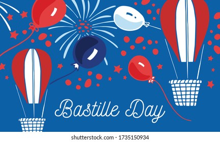 Bastille Day design template and balloons   air balloons  Hand drawn vector sketch illustration