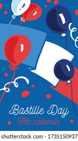 Bastille Day design template and balloons   flag France  Title in French National celebration  Hand drawn vector sketch illustration