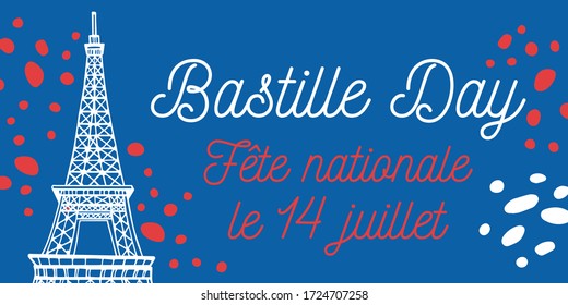 Bastille Day design template and Eiffel tower  Title in French National celebration 14th July  Hand drawn vector sketch illustration