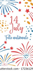 Bastille Day design template and fireworks  Title in French National celebration  Hand drawn vector sketch illustration