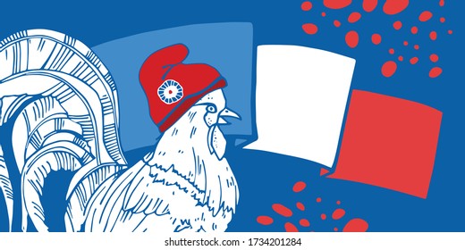 Bastille Day design template and gallic rooster   national flag France  Hand drawn vector sketch illustration
