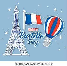 Bastille day eiffel tower and hot air balloon