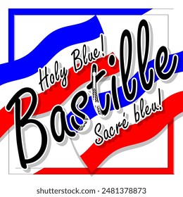 Bastille Day event banner. Bold text with the French flag flying in frame on white background to celebrate on July 14th