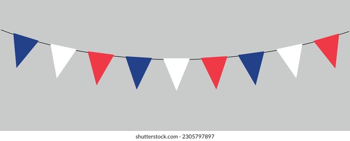 bastille day, France, bunting garland, string of triangular flags for outdoor party, pennant, retro style vector illustration