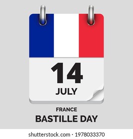 Bastille Day, France - july 14, days of year, flat realistic calendar icon Bastille Day vector image with France flag