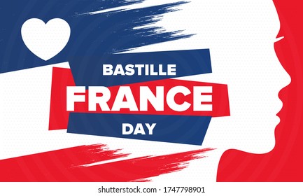 Bastille Day in France. National happy holiday, celebrated annual in July 14. French flag. France independence and freedom. Patriotic elements. Festive and parade design. Vector poster illustration