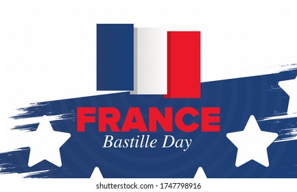 Bastille Day in France. National happy holiday, celebrated annual in July 14. French flag. France independence and freedom. Patriotic elements. Festive and parade design. Vector poster illustration