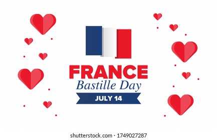 Bastille Day in France. National happy holiday, celebrated annual in July 14. French flag. France independence and freedom. Patriotic elements. Festive and parade design. Vector poster illustration