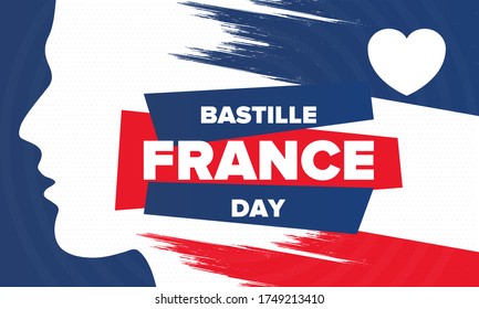 Bastille Day in France. National happy holiday, celebrated annual in July 14. French flag. France independence and freedom. Patriotic elements. Festive and parade design. Vector poster illustration