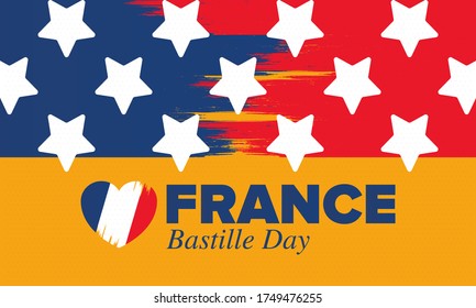 Bastille Day in France. National happy holiday, celebrated annual in July 14. French flag. France independence and freedom. Patriotic elements. Festive and parade design. Vector poster illustration