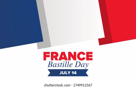 Bastille Day in France. National happy holiday, celebrated annual in July 14. French flag. France independence and freedom. Patriotic elements. Festive and parade design. Vector poster illustration