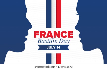 Bastille Day in France. National happy holiday, celebrated annual in July 14. French flag. France independence and freedom. Patriotic elements. Festive and parade design. Vector poster illustration
