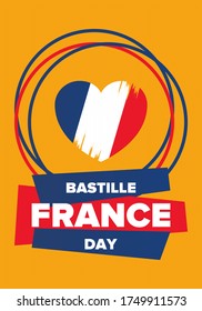 Bastille Day in France. National happy holiday, celebrated annual in July 14. French flag. France independence and freedom. Patriotic elements. Festive and parade design. Vector poster illustration