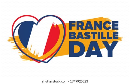 Bastille Day in France. National happy holiday, celebrated annual in July 14. French flag. France independence and freedom. Patriotic elements. Festive and parade design. Vector poster illustration