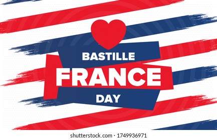 Bastille Day in France. National happy holiday, celebrated annual in July 14. French flag. France independence and freedom. Patriotic elements. Festive and parade design. Vector poster illustration