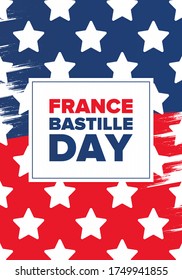 Bastille Day in France. National happy holiday, celebrated annual in July 14. French flag. France independence and freedom. Patriotic elements. Festive and parade design. Vector poster illustration