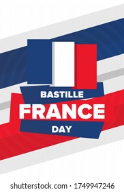 Bastille Day in France. National happy holiday, celebrated annual in July 14. French flag. France independence and freedom. Patriotic elements. Festive and parade design. Vector poster illustration