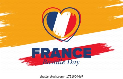 Bastille Day in France. National happy holiday, celebrated annual in July 14. French flag. France independence and freedom. Patriotic elements. Festive and parade design. Vector poster illustration