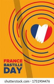 Bastille Day in France. National happy holiday, celebrated annual in July 14. French flag. France independence and freedom. Patriotic elements. Festive and parade design. Vector poster illustration