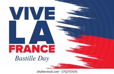 Bastille Day in France. National happy holiday, celebrated annual in July 14. French flag. France independence and freedom. Patriotic elements. Festive and parade design. Vector poster illustration