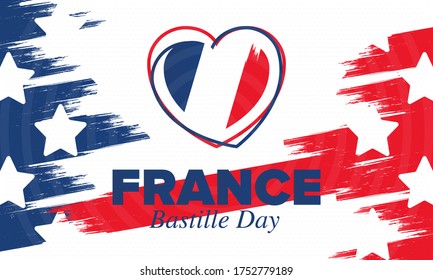 Bastille Day in France. National happy holiday, celebrated annual in July 14. French flag. France independence and freedom. Patriotic elements. Festive and parade design. Vector poster illustration