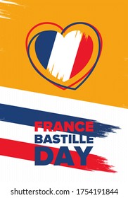 Bastille Day in France. National happy holiday, celebrated annual in July 14. French flag. France independence and freedom. Patriotic elements. Festive and parade design. Vector poster illustration