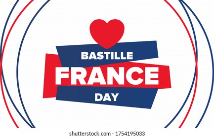 Bastille Day in France. National happy holiday, celebrated annual in July 14. French flag. France independence and freedom. Patriotic elements. Festive and parade design. Vector poster illustration