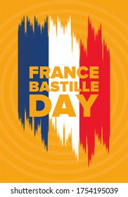 Bastille Day in France. National happy holiday, celebrated annual in July 14. French flag. France independence and freedom. Patriotic elements. Festive and parade design. Vector poster illustration