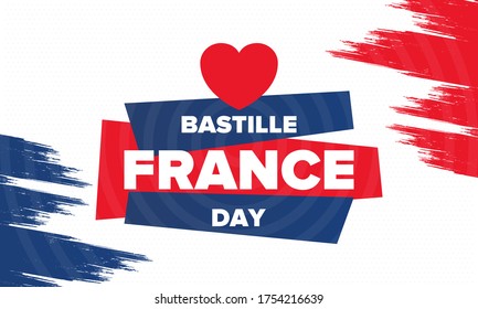 Bastille Day in France. National happy holiday, celebrated annual in July 14. French flag. France independence and freedom. Patriotic elements. Festive and parade design. Vector poster illustration