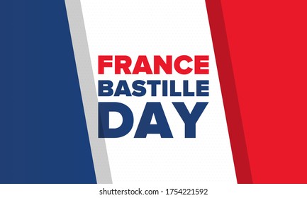 Bastille Day in France. National happy holiday, celebrated annual in July 14. French flag. France independence and freedom. Patriotic elements. Festive and parade design. Vector poster illustration